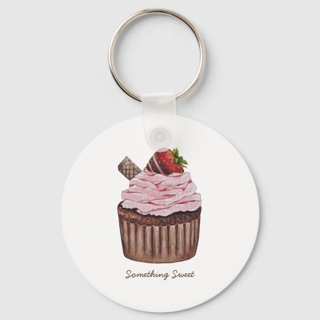 Cute Strawberry Cupcake  In Watercolor Keychain (Front)