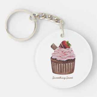 Cute Strawberry Cupcake In Watercolor Keychain