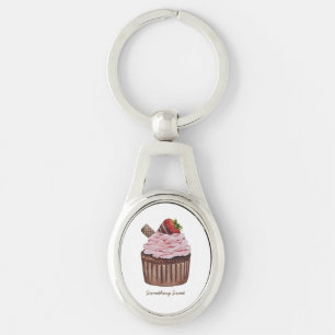 Cute Strawberry Cupcake In Watercolor Keychain