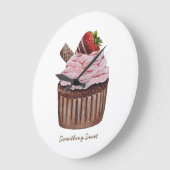 Cute Strawberry Cupcake  In Watercolor  Large Clock (Angle)