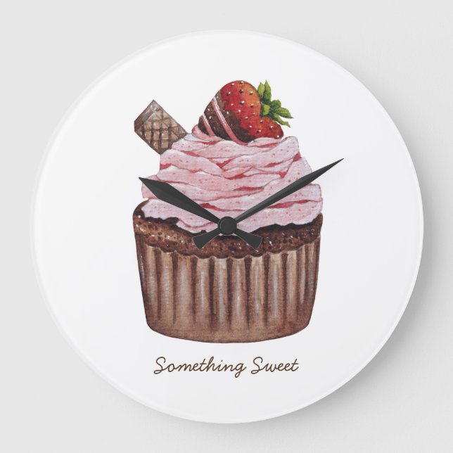 Cute Strawberry Cupcake  In Watercolor  Large Clock (Front)