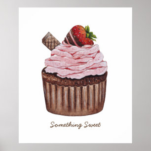 Cute Strawberry Cupcake In Watercolor Poster