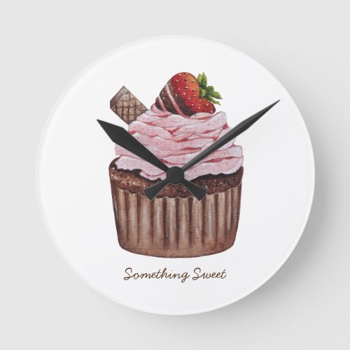 Cute Strawberry Cupcake  In Watercolor   Round Clock