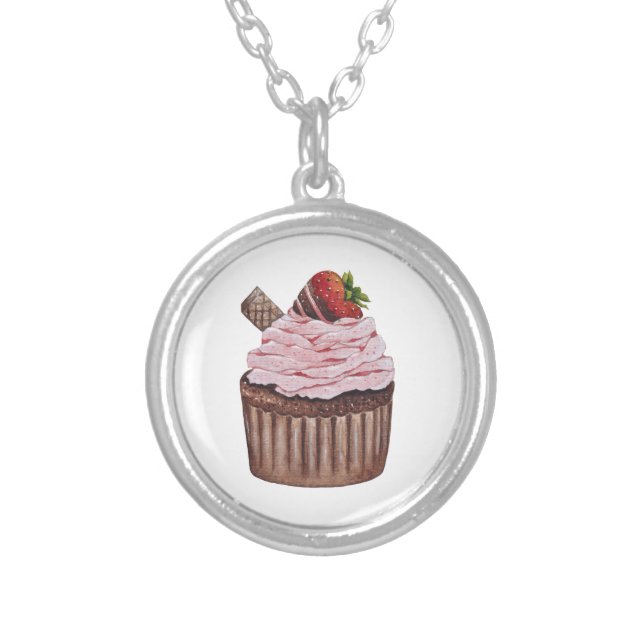 Cute Strawberry Cupcake  In Watercolor  Silver Plated Necklace (Front)