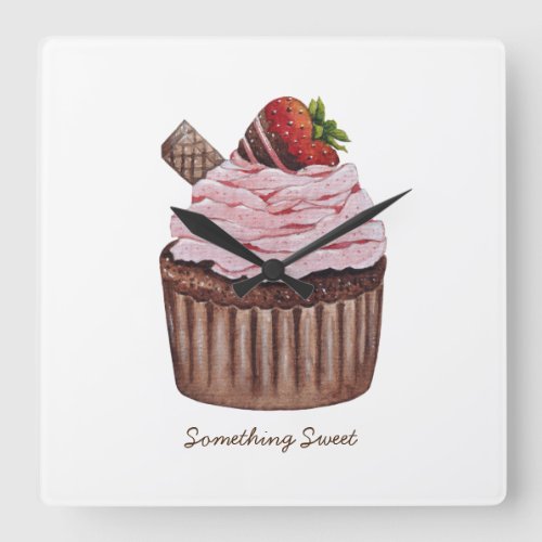 Cute Strawberry Cupcake  In Watercolor  Square Wall Clock