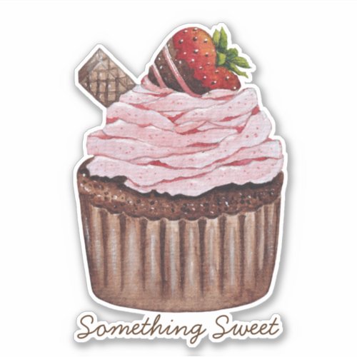 Cute Strawberry Cupcake  In Watercolor  Sticker