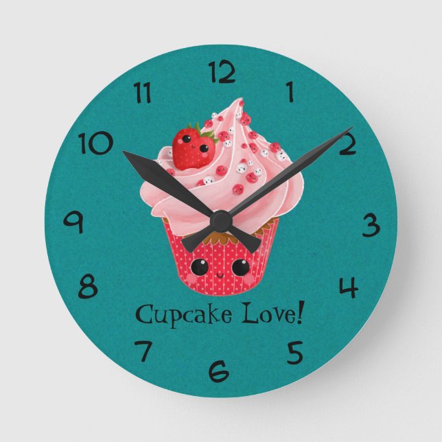 Cute Strawberry Cupcake Round Clock (Front)