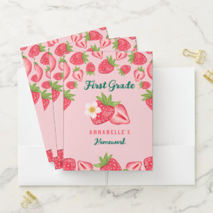 Cute Strawberry Custom Name Kids School Subject Pocket Folder