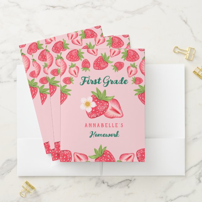 Cute Strawberry Custom Name Kids School Subject Pocket Folder (In Situ)