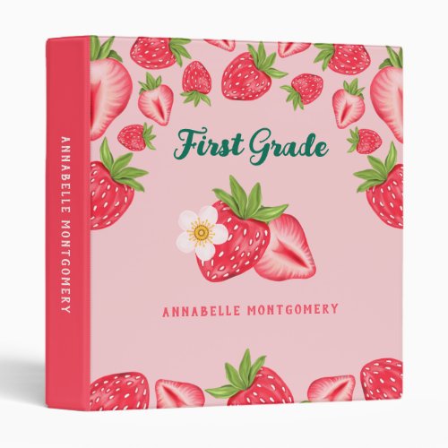 Cute Strawberry Custom Name Pink Kids Grade School 3 Ring Binder