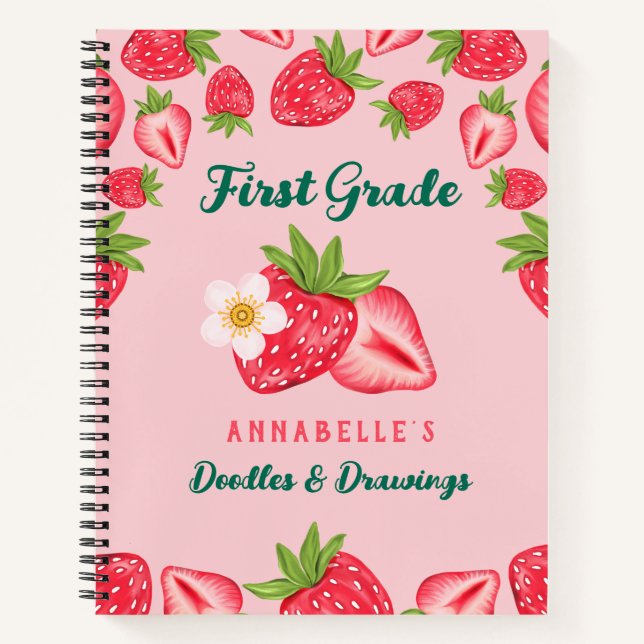 Cute Strawberry Custom Name Pink Kids Grade School Notebook (Front)