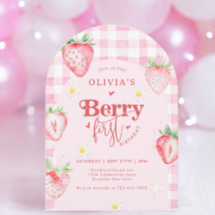 Cute Strawberry Daisy Berry 1st Arch Birthday Invitation