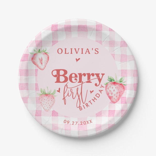 Cute Strawberry Daisy Berry First Brithday Paper Plates (Front)