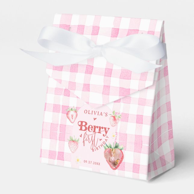 Cute Strawberry Daisy Berry First Photo Brithday Favor Boxes (Front Side)