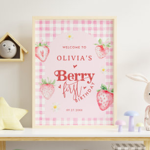 Cute Strawberry Daisy Berry First Photo Brithday Poster