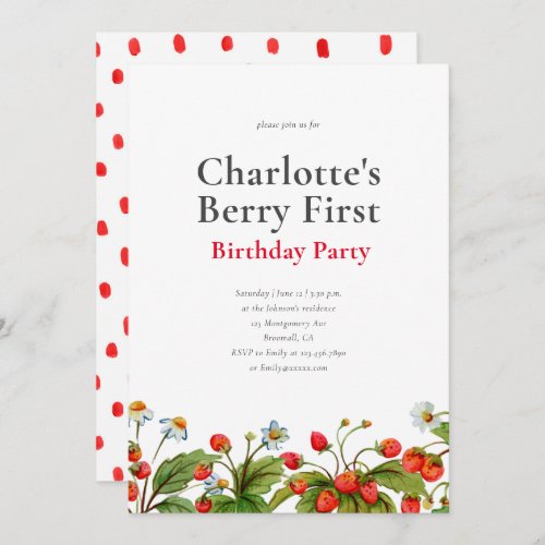 Cute Strawberry First Birthday Party Invitation