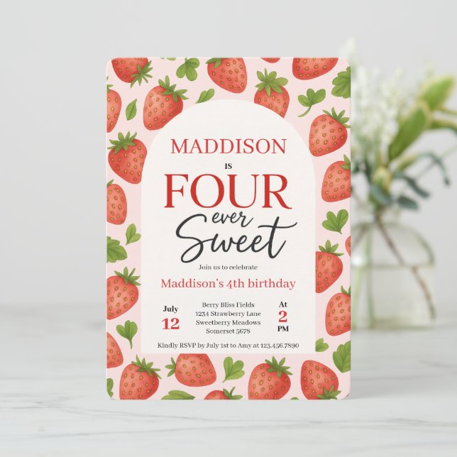 Cute Strawberry Four Ever Sweet 4th Birthday Invitation (Standing Front)