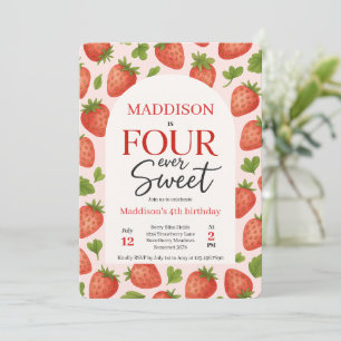 Cute Strawberry Four Ever Sweet 4th Birthday Invitation