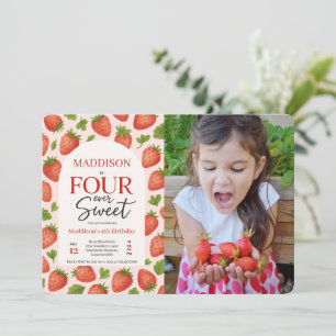 Cute Strawberry Four Ever Sweet 4th Birthday Photo Invitation