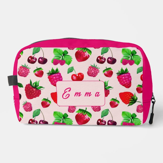 Cute Strawberry Fruit Pattern Custom Name Dopp Kit (Front)