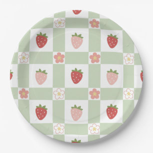 Cute Strawberry Gingham Pastel Green 1st Birthday Paper Plates