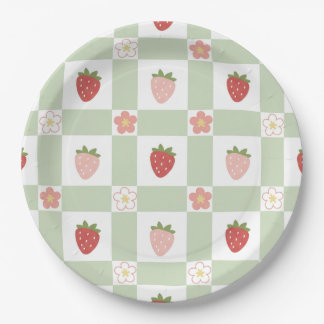 Cute Strawberry Gingham Pastel Green 1st Birthday Paper Plates