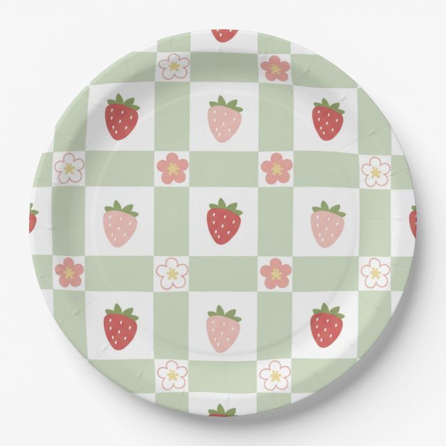 Cute Strawberry Gingham Pastel Green 1st Birthday Paper Plates (Front)
