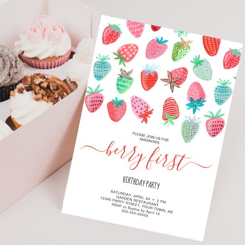 Cute Strawberry girl berry first birthday party Invitation