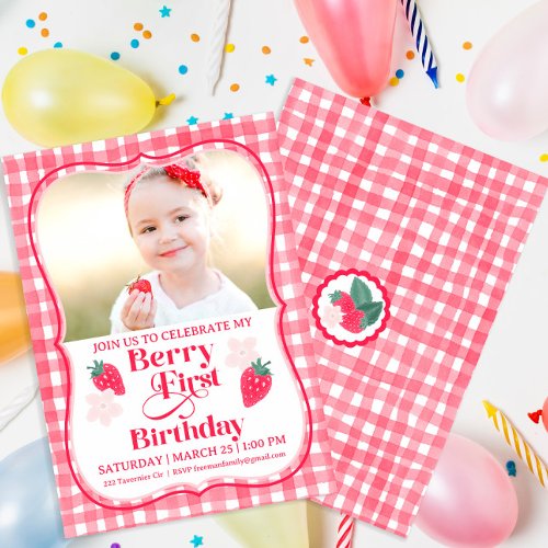 Cute Strawberry Girl Berry First Photo Birthday Invitation