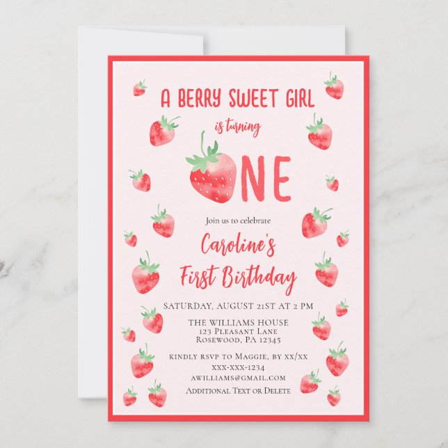Cute Strawberry Girl First birthday Invitation (Front)