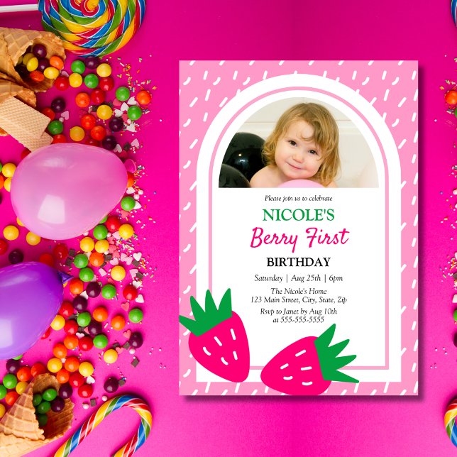 Cute Strawberry Girl Photo 1st Birthday Invitation (Creator Uploaded)