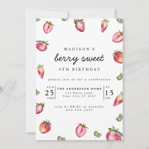 Cute Strawberry Girls Birthday Party Berry Sweet  Invitation