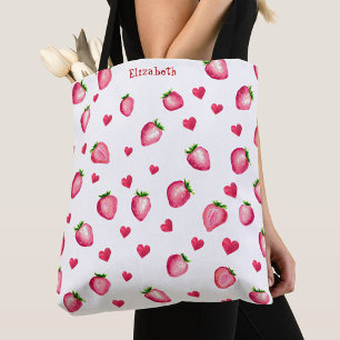 Cute Strawberry Hearts Berry Sweet Watercolor Tote Bag