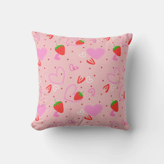 Cute Strawberry & Hearts Seamless Pattern Throw Pillow