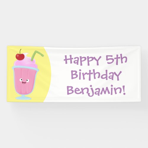 Cute strawberry ice cream sundae cartoon banner