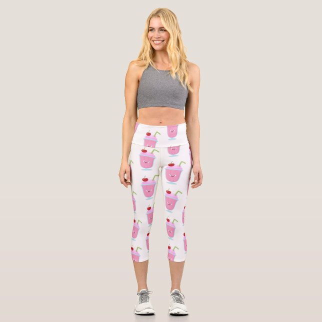 Cute strawberry ice cream sundae cartoon capri leggings (Front)