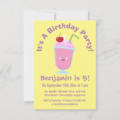 Cute strawberry ice cream sundae cartoon invitation