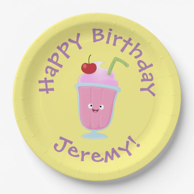 Cute strawberry ice cream sundae cartoon paper plates (Front)