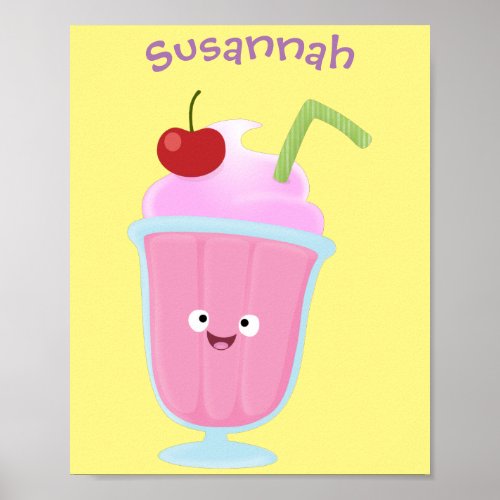 Cute strawberry ice cream sundae cartoon poster