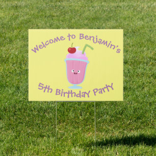 Cute strawberry ice cream sundae cartoon sign