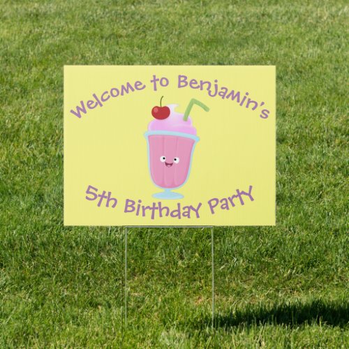 Cute strawberry ice cream sundae cartoon sign