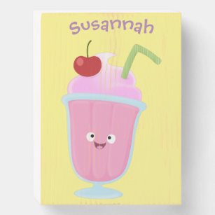 Cute strawberry ice cream sundae cartoon wooden box sign
