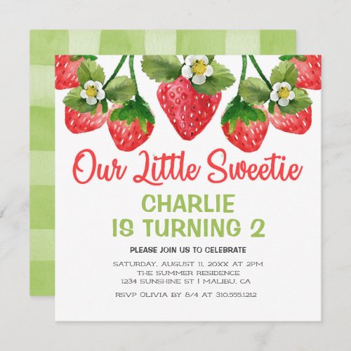 Cute Strawberry Little Sweetie Kids Birthday Invitation