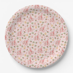 Cute Strawberry Macaron Teddy Bear and Berries Paper Plates