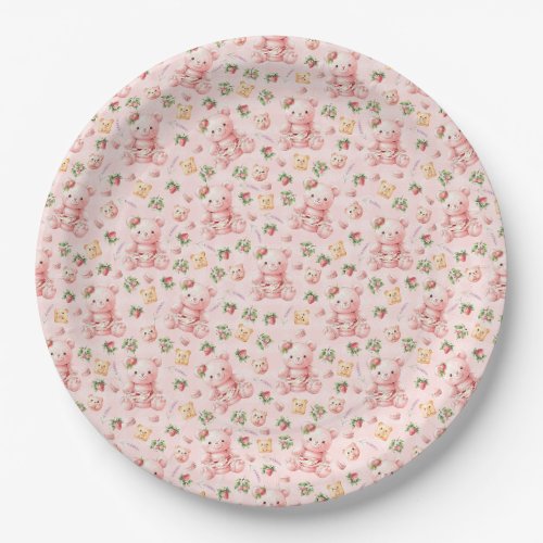 Cute Strawberry Macaron Teddy Bear and Berries  Paper Plates