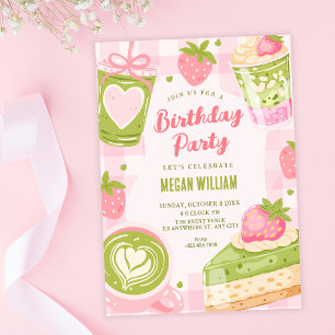Cute strawberry matcha sweet birthday invitation