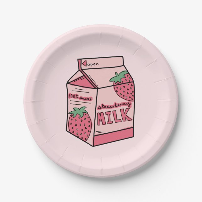 Cute Strawberry Milk Birthday Party Paper Plates (Front)
