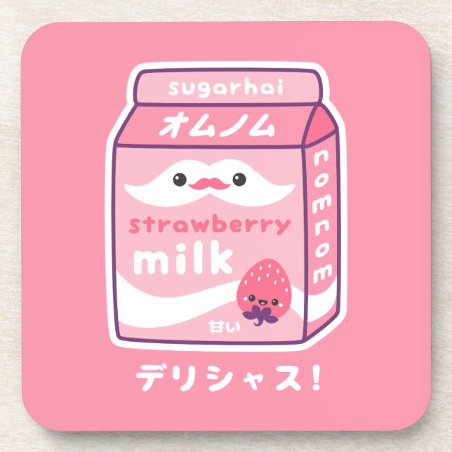 Cute Strawberry Milk Carton Beverage Coaster (Front)