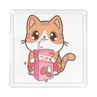 Cute Strawberry Milk Cat Kawaii Neko Pet Lover Acrylic Tray