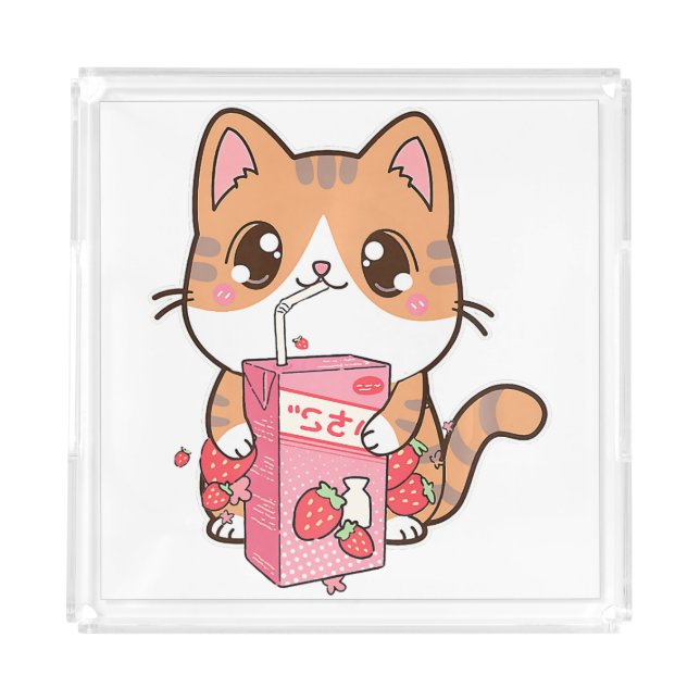 Cute Strawberry Milk Cat Kawaii Neko Pet Lover Acrylic Tray (Front)